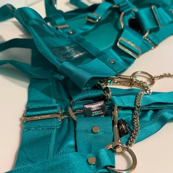 Honey Birdette KUKURO💚 Jade Green 2 Piece Set 32DD Harness Bra + Panty XS